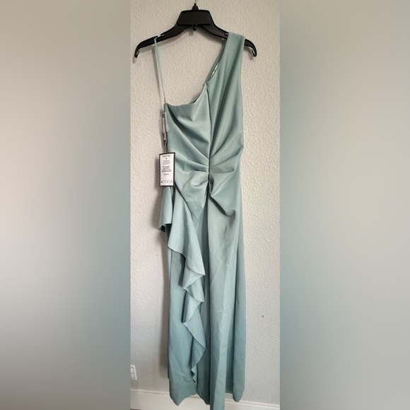 "Flo" Long Techno Scuba One Shoulder Ruffle Dress Elegant Light Blue XSCAPE - Picture 10 of 11